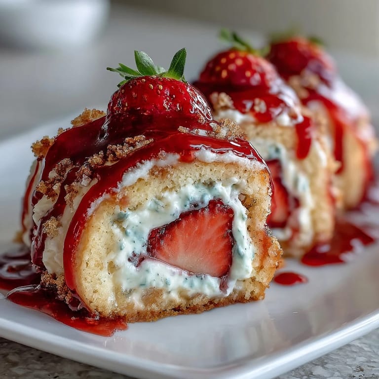 Overhead view of a plated Strawberry Shortcake Sushi Roll garnished with fresh mint and a white chocolate drizzle.