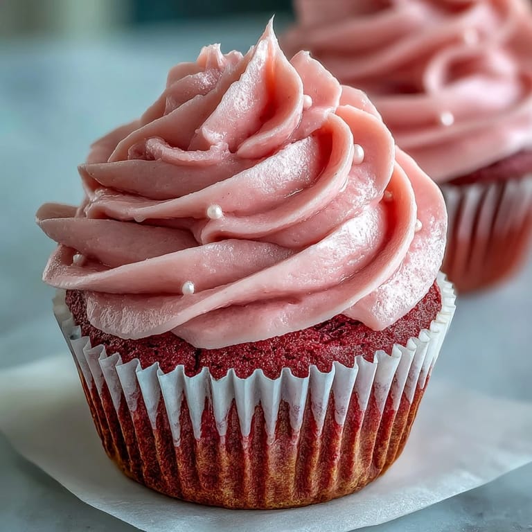 A plate of Pink Velvet Cupcakes with creamy frosting, perfect for a celebration or special dessert treat.