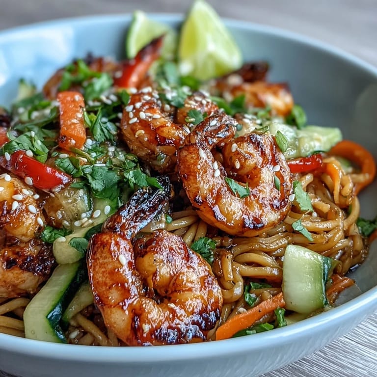Succulent grilled shrimp rests on chilled sesame noodles, surrounded by crisp red bell pepper slices, fresh cilantro, and a lime wedge for squeezing.