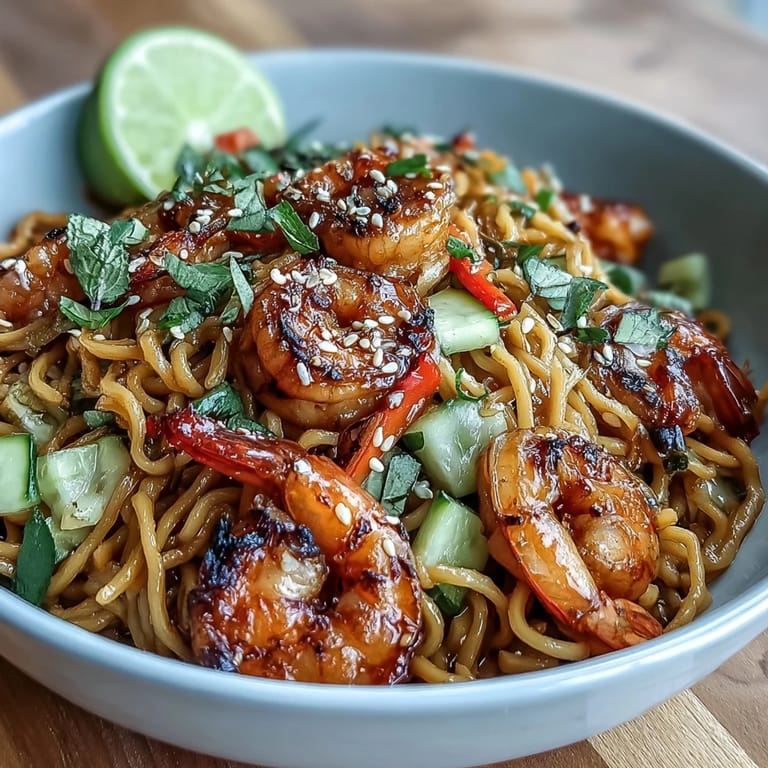 A finished 15-Minute Asian Noodle Bowl features plump grilled shrimp, colorful veggies, and sesame seeds on tossed noodles, ready to be served immediately.
