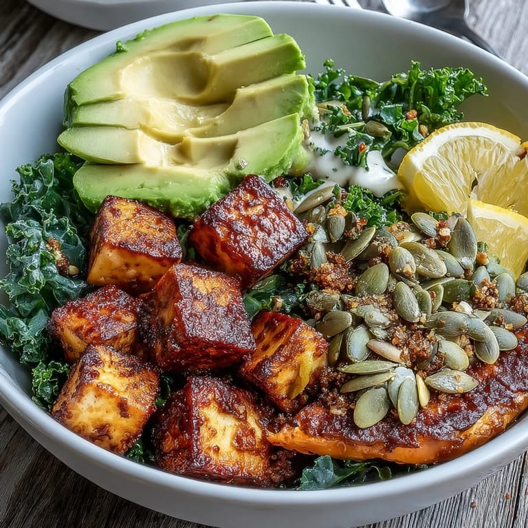 Close-up of a warm Tofu Breakfast Bowl with Avocado and Kale featuring golden tofu, wilted greens, avocado, pumpkin seeds, and lemon wedges for a zesty finish.