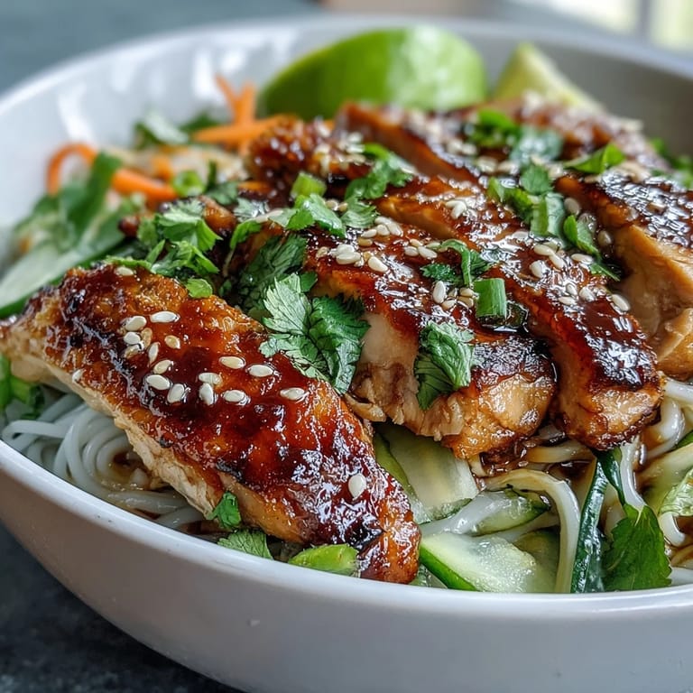 Deconstructed Asian Chicken Noodle Bowl featuring tender chicken, vibrant carrots, and cucumber slices.