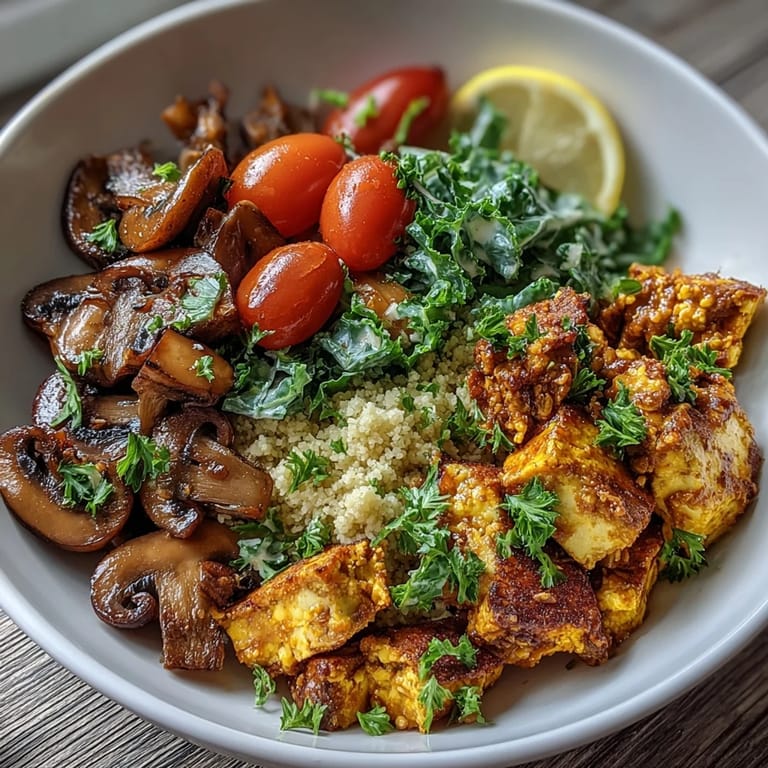 A hearty, protein-packed scrambled tofu breakfast bowl with golden tofu, savory mushrooms, and kale over a fluffy couscous base.