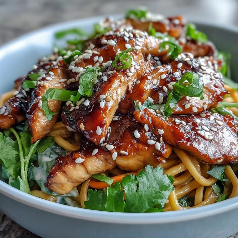 Close-up of Sesame Chicken Noodle Bowl featuring glistening noodles, colorful vegetables, and succulent chicken coated in rich sesame sauce.