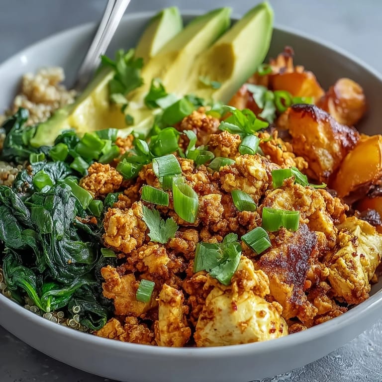 Overhead view of a healthy Tofu Scramble Vegan Breakfast Bowl garnished with green onions and fresh herbs.