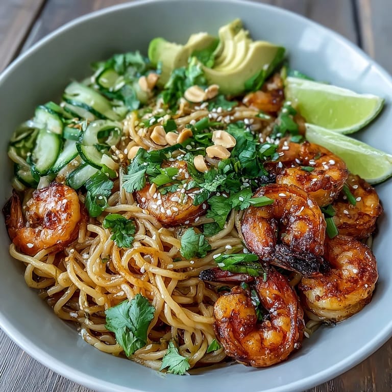 Smoky grilled shrimp skewers are arranged over sesame-infused egg noodles, surrounded by fresh cilantro and sliced scallions for a bright, savory meal.