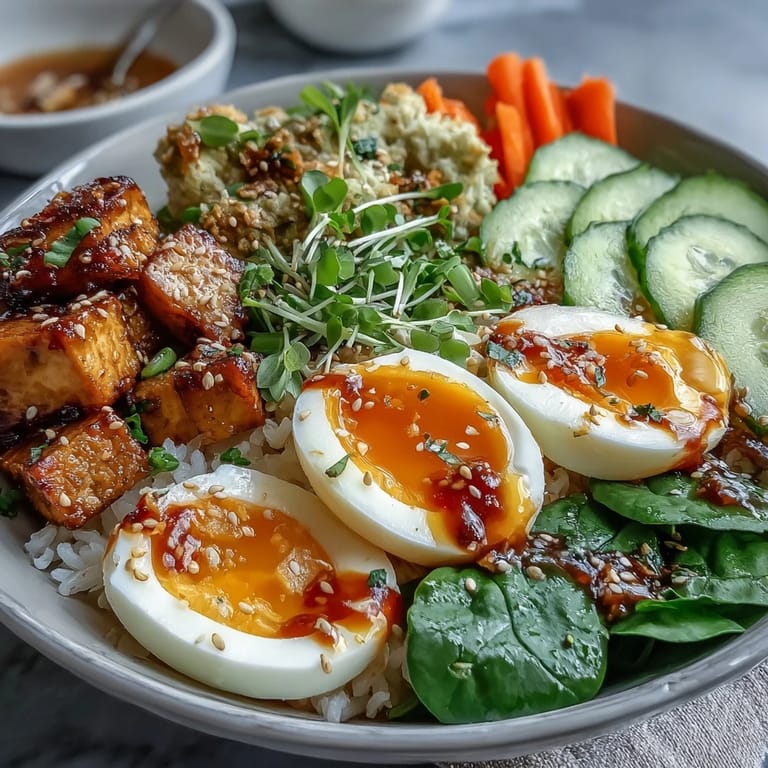 A close-up of Tofu Jammy Egg Breakfast Bowl drizzled with ginger scallion sauce and sprinkled with toasted sesame seeds.