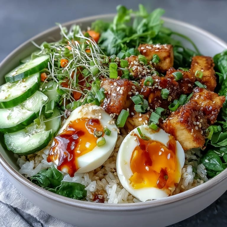 Freshly prepared Tofu Jammy Egg Breakfast Bowl featuring warm rice, cucumber slices, and a rich, zesty ginger scallion sauce.