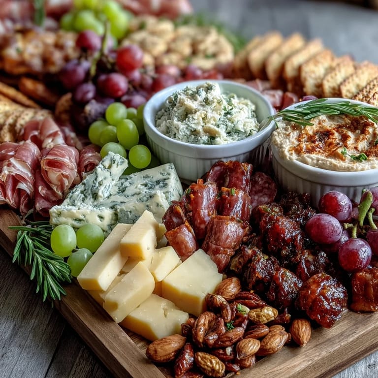 A vibrant charcuterie board with assorted cheeses, cured meats, and colorful fruits, served with dips and crackers for a festive appetizer spread.