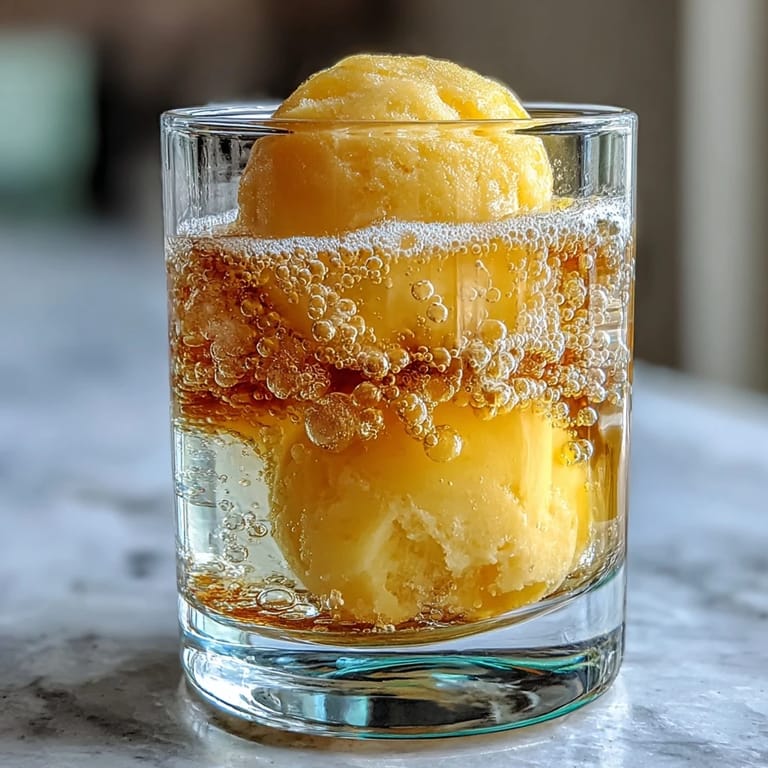 Elegant Limoncello Sorbet Float featuring tangy lemon sorbet and bubbly sparkling water, garnished with fresh mint for a vibrant finish.