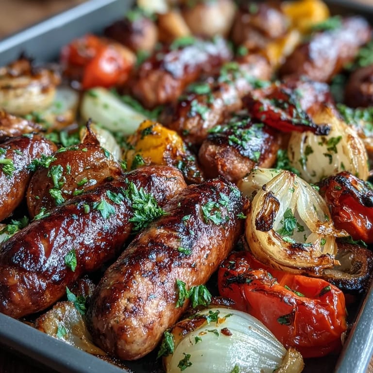 Vibrant sheet pan meal with sizzling sausages and tender roasted peppers, perfect for a quick, satisfying weeknight dinner.