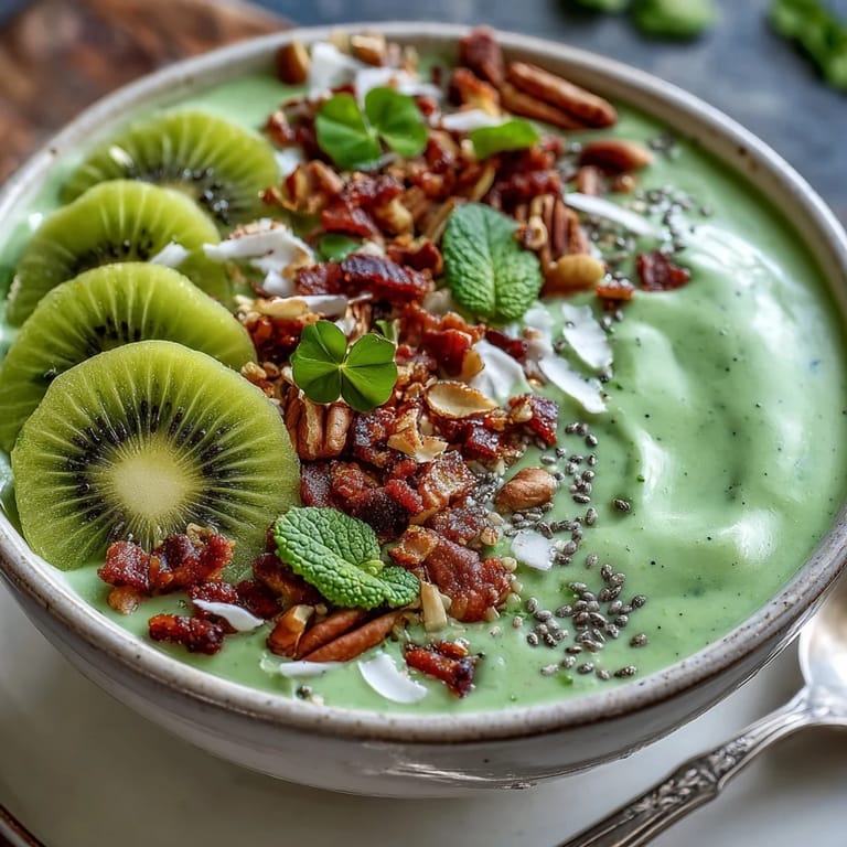 Festive St. Patricks Day protein smoothie bowl featuring vibrant green spinach base and fresh mint garnish.  
