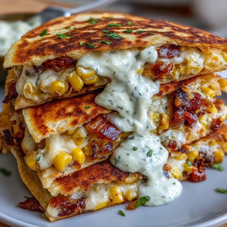 Crispy quesadillas filled with charred street corn, jalapeño, and Monterey Jack cheese, drizzled with spicy chipotle sour cream.
