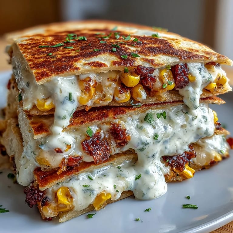 Festive corn and cheese quesadillas with a smoky chipotle crema drizzle, garnished with fresh cilantro and Cotija cheese.