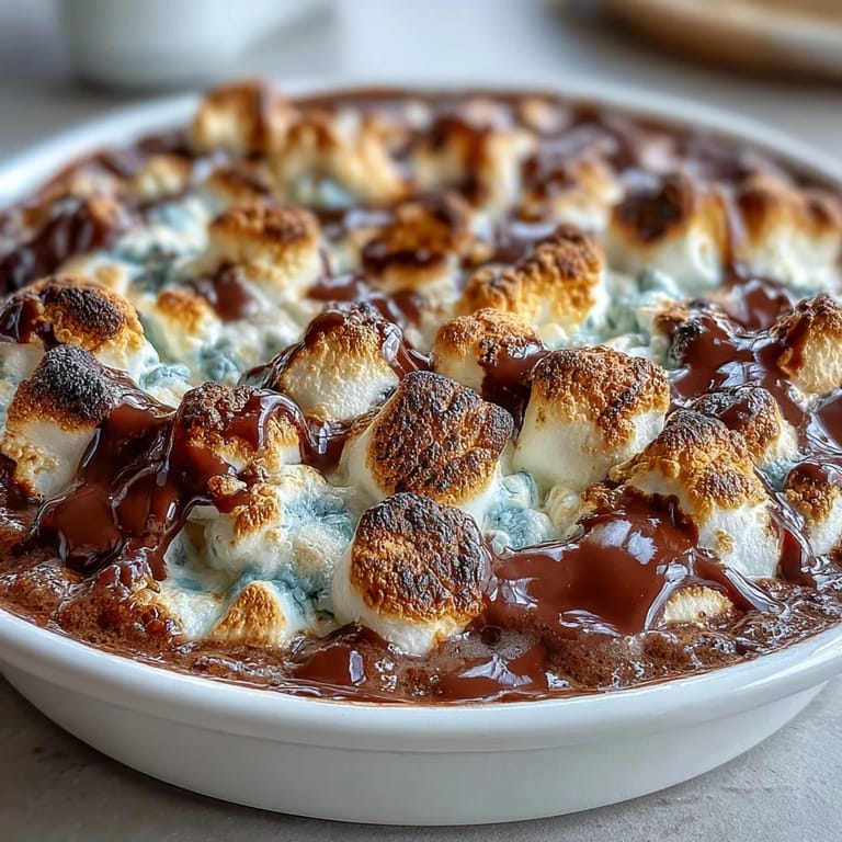 Festive smores dip with golden marshmallows and chocolate, served warm in a cast iron skillet for a crowd-pleasing treat.  