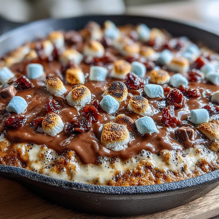 Melted chocolate and fluffy marshmallows create a bubbly 4th of July smores dip, perfect for sharing with graham crackers.