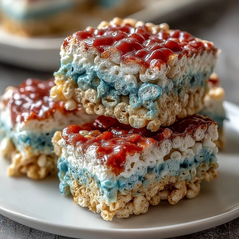 A close-up view of the finished red, white, and blue Rice Krispies squares ready to be served.