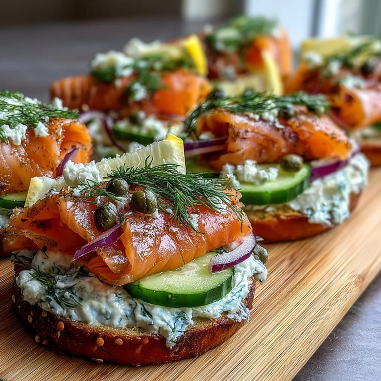 Vibrant bagel board featuring smoked salmon, sliced veggies, and creamy cheese spread for a festive brunch.
