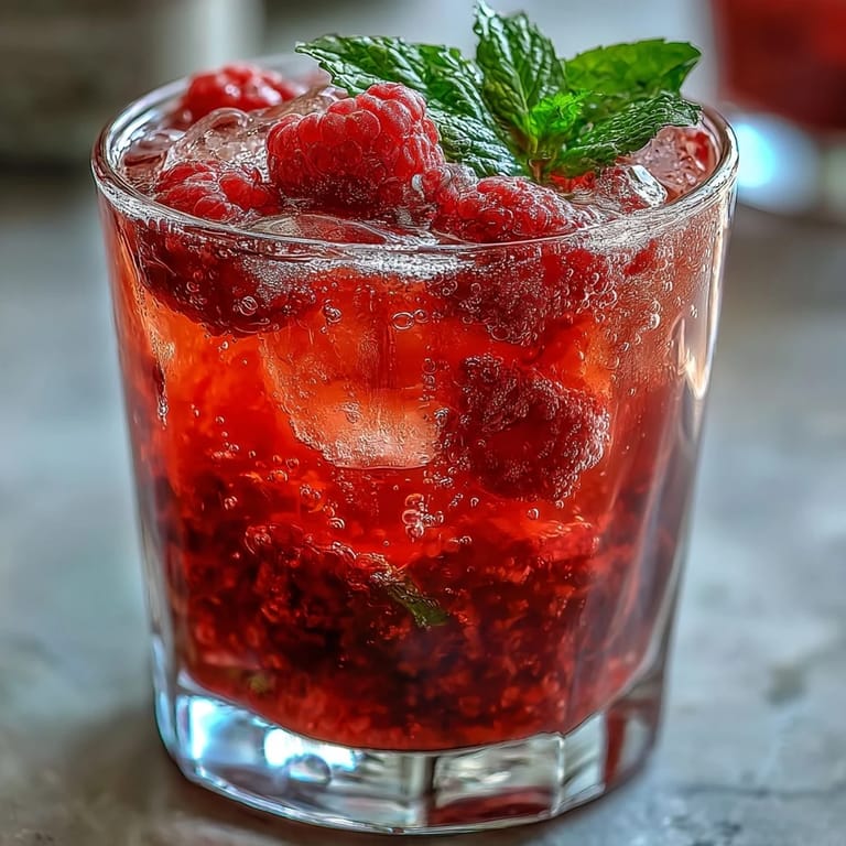 Vibrant raspberry lemon spritz mocktail served over ice with lemon slices and fresh mint garnish.