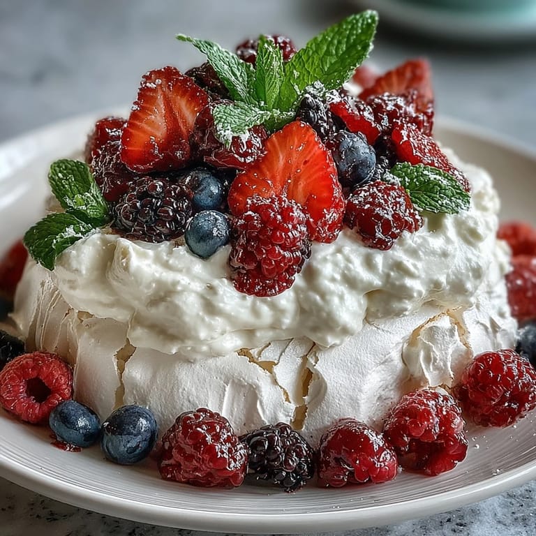 Light and airy pavlova dessert crowned with fresh berries and cream, showcasing a golden crisp crust and soft, marshmallow-like center.