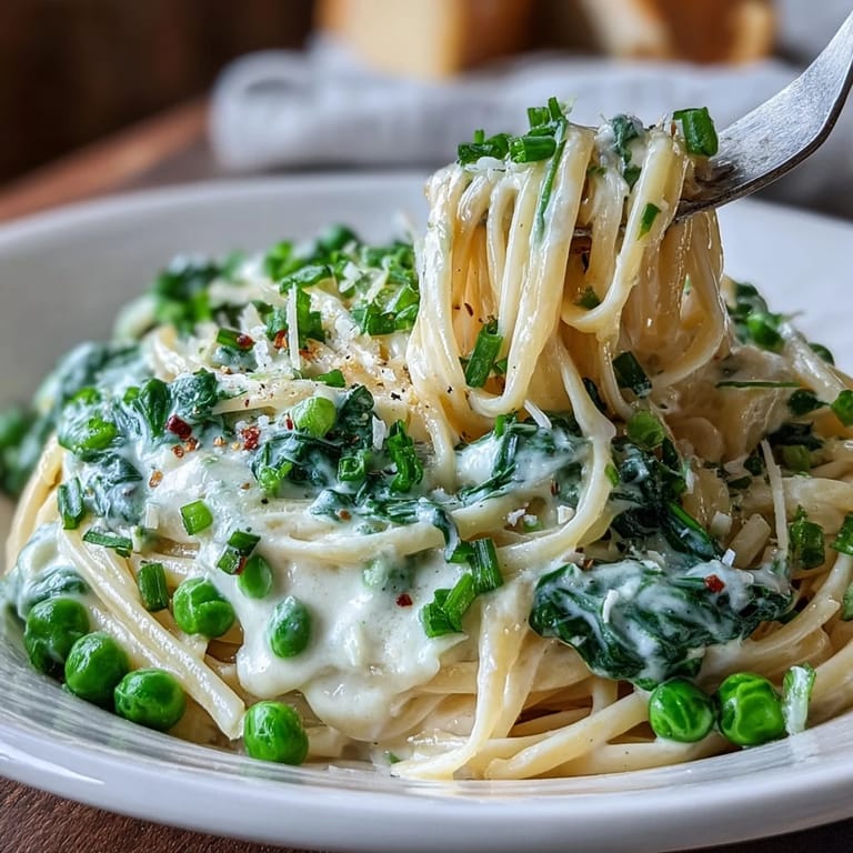 Creamy linguine with green peas and baby spinach, bathed in a silky lemon cream sauce.
