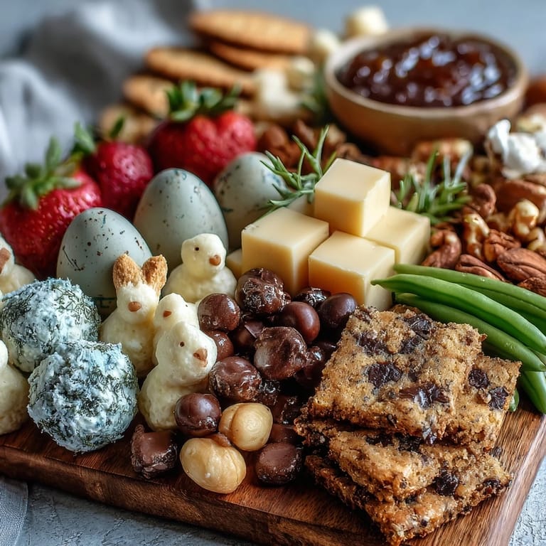 An artful arrangement of cured meats, fresh veggies, and pastel candies in mini baskets, creating a vibrant Easter-themed appetizer display.