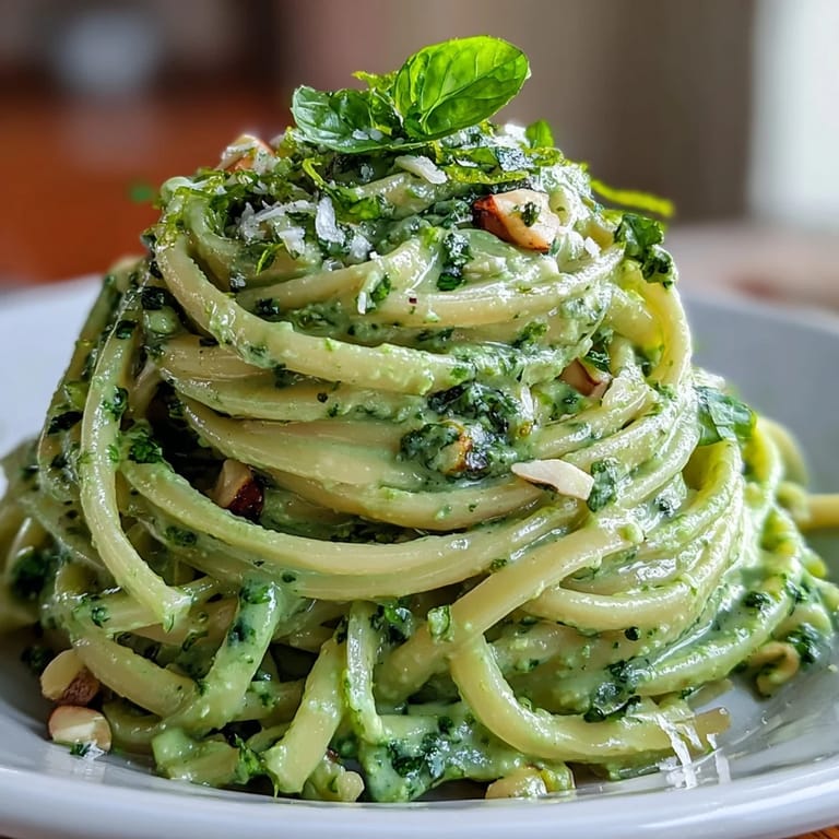 Delicious Creamy Avocado Pesto Pasta, a healthy, vibrant, and creamy vegetarian main dish.