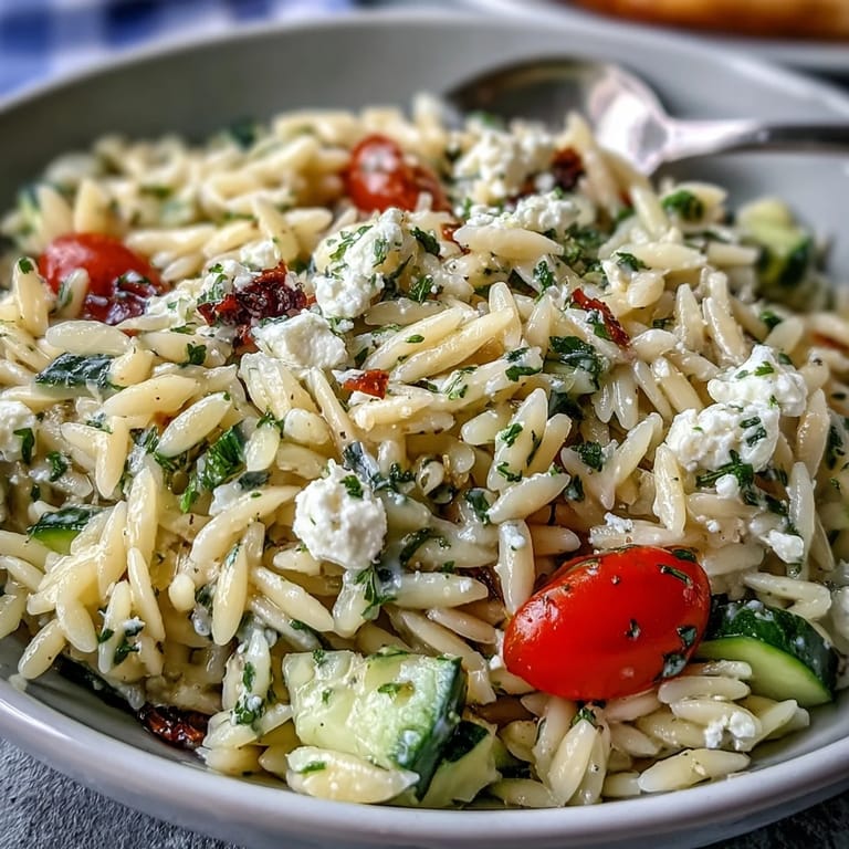 Refreshing orzo salad with feta and cucumber, tossed in vibrant lemon dressing.