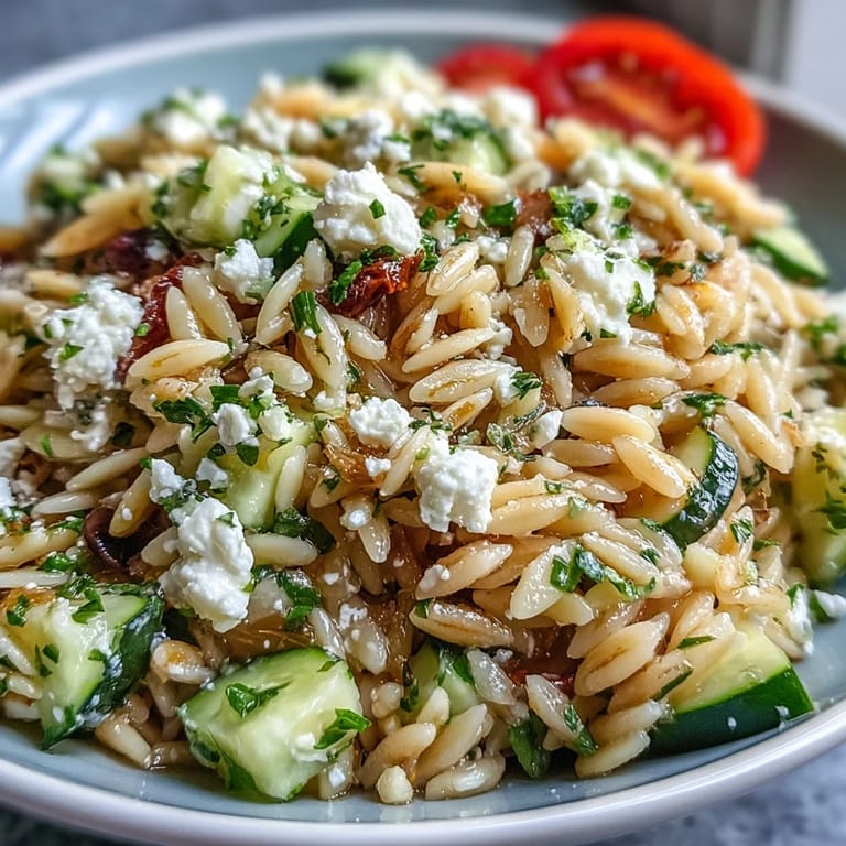 Bright orzo salad with cucumber, feta, and zesty lemon dressing, perfect for lunch.