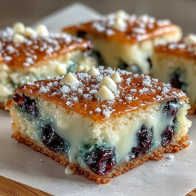 Close-up of a luscious white chocolate lemon blueberry blondie, perfect for dessert.