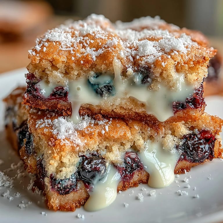 Golden baked white chocolate lemon blueberry blondies, bursting with sweet-tart flavor.