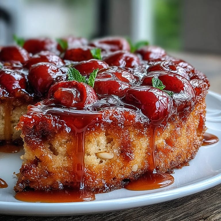 A stunning Cherry Almond Upside-Down Cake showcasing vibrant cherries and golden caramel.