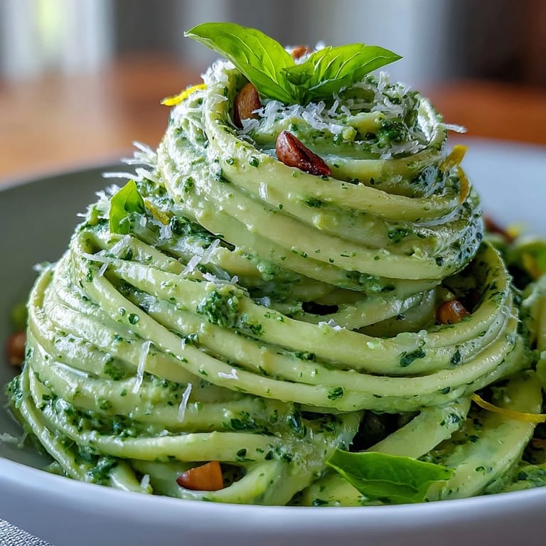 Quick and easy Creamy Avocado Pesto Pasta, ready to be served with fresh basil.