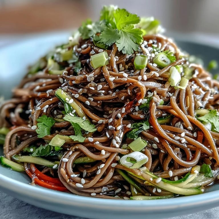 Chilled Soba Noodle Salad with sesame ginger dressing, a refreshing summer meal.