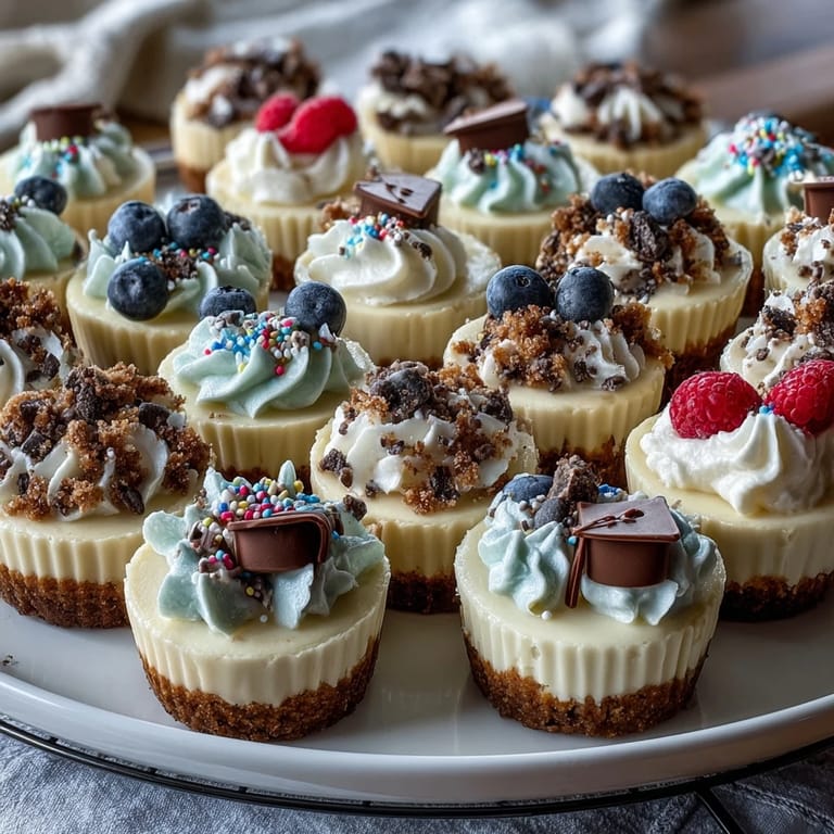 Indulge in these miniature Easy Graduation Cheesecake Bites, topped with sweet, celebratory garnishes.