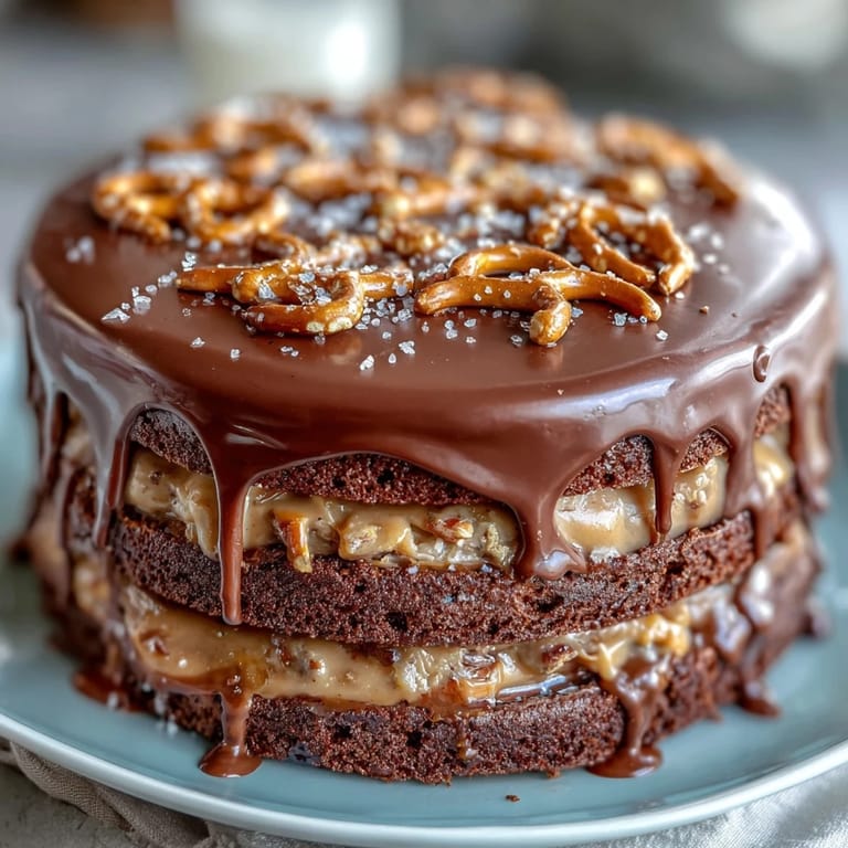Rich Father's Day Chocolate Peanut Butter Pretzel Cake with dripping ganache.