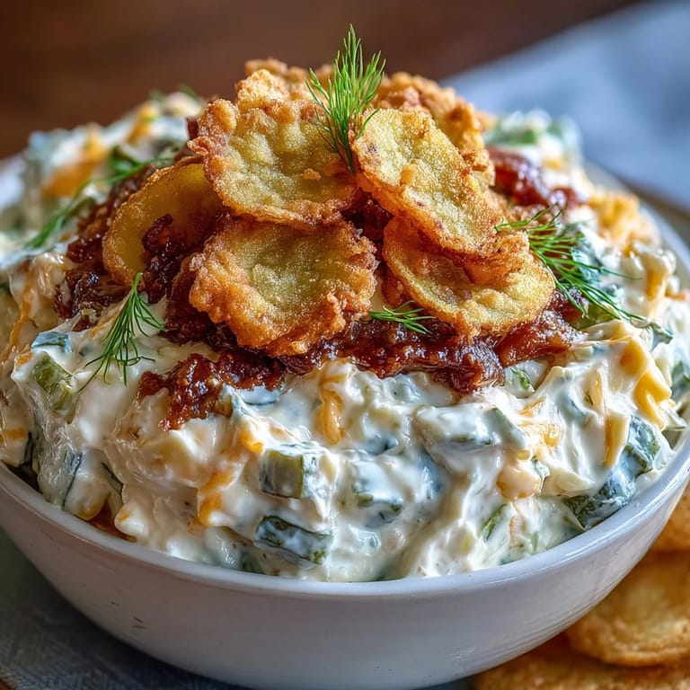 Creamy fried pickle dip with crispy garnishes, perfect for dipping.