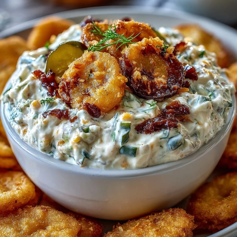 Tangy fried pickle dip with ranch and cream cheese, a party appetizer.