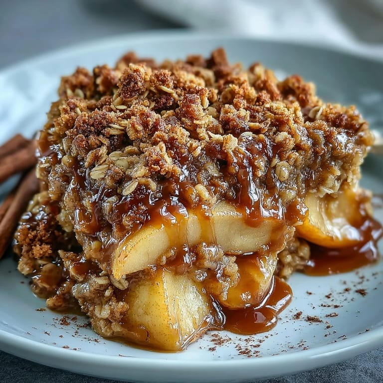 Close-up of golden apple crisp, drizzled with rich, buttery caramel.
