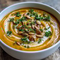 Creamy Pumpkin Soup with toasted seeds garnish, served warm in a rustic bowl with a spoon beside it.