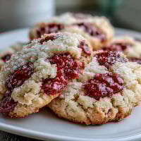 Soft chewy raspberry sugar cookies with pink coating and berry centers on wire racks.