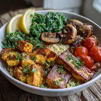 Brightly colored scrambled tofu breakfast bowl with sautéed mushrooms, kale, and fluffy whole wheat couscous, garnished with avocado and cherry tomatoes.