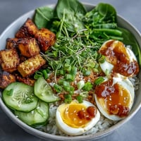 Golden-brown sautéed tofu cubes and halved jammy eggs rest on jasmine rice, topped with fresh spinach and vibrant carrots.