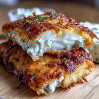 Crispy, golden fried catfish fillets seasoned with Southern spices, served with a zesty homemade remoulade sauce on a rustic plate.