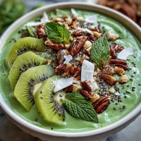 Shamrock smoothie bowl with creamy green base, kiwi shamrock design, and crunchy granola topping.  