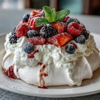 A delicate pavlova with fresh berries and cream, its crisp meringue shell topped with swirls of fluffy vanilla whipped cream and vibrant mixed berries.