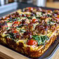 Golden One-Pan Ham and Swiss Frittata with fluffy eggs, diced ham, and melted Swiss cheese baked to perfection.