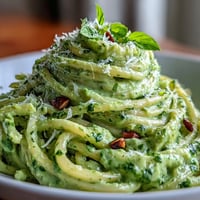 Vibrant Creamy Avocado Pesto Pasta, showcasing a rich green, no-cook sauce.