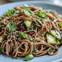 Cold Soba Noodle Salad with vibrant, crisp vegetables and zesty dressing.