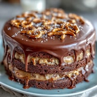 Rich Father's Day Chocolate Peanut Butter Pretzel Cake with dripping ganache.